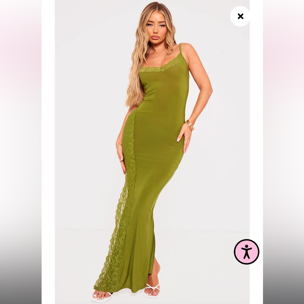 Olive Slinky Lace Trim Split Detail Maxi Dress